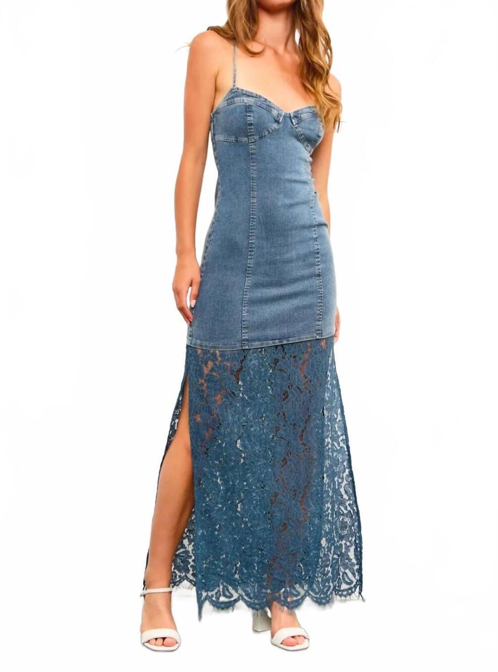 NEW MUSTARD SEED harper denim corset lace hem maxi dress in blue